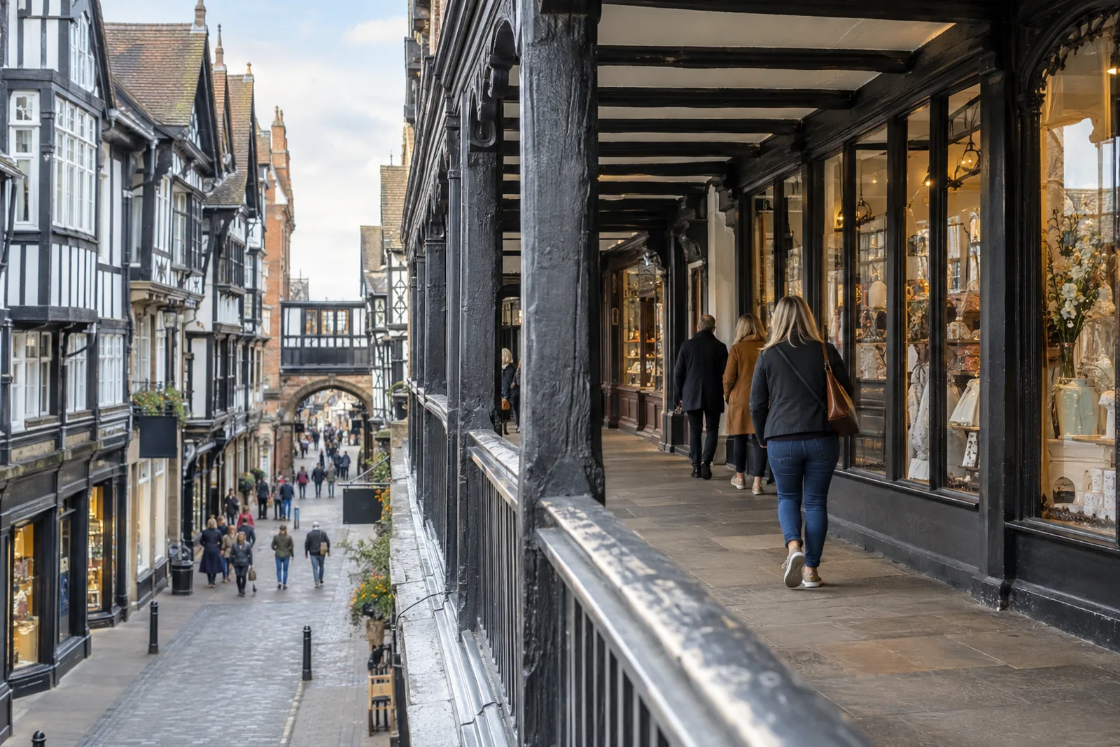 The Rows in Chester, a two-tier medieval covered shopping gallery with black-and-white timber framing