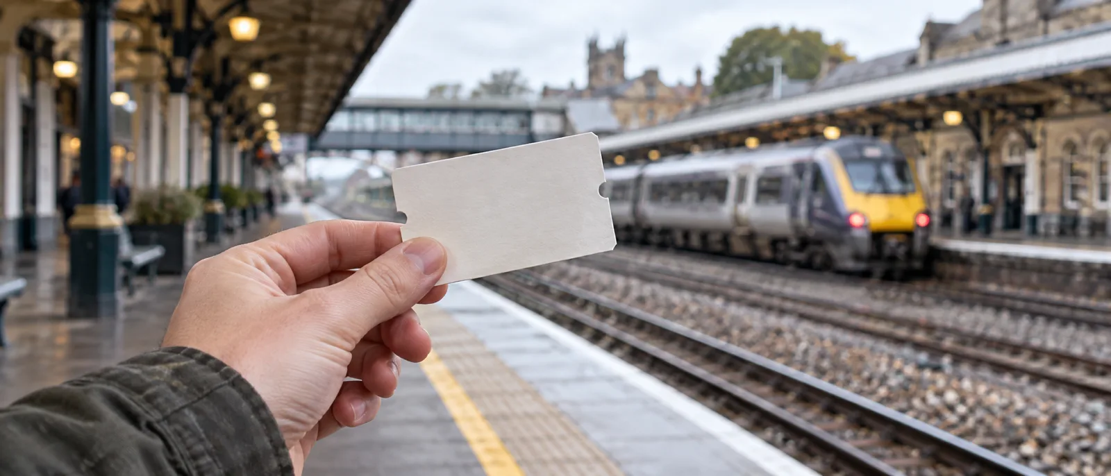 A hand holding a paper train ticket on a UK station platform