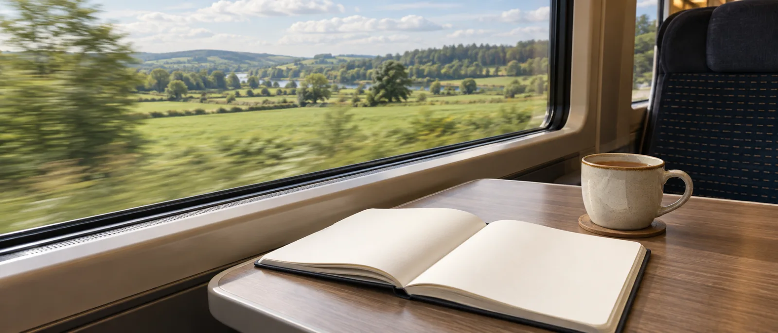 An open notebook and a cup of tea on a train table beside a window