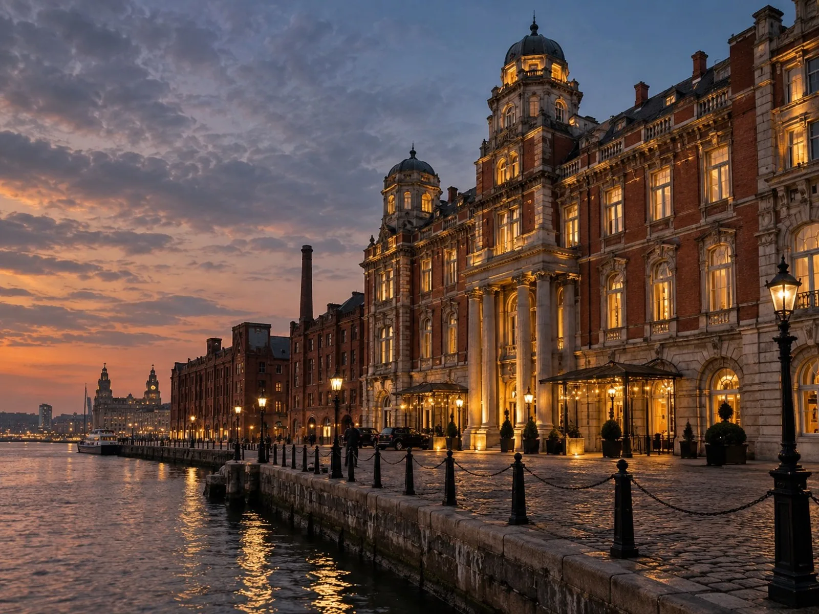 The Mersey Royal, a grand Edwardian waterfront hotel on Liverpool's historic docks lit up at dusk