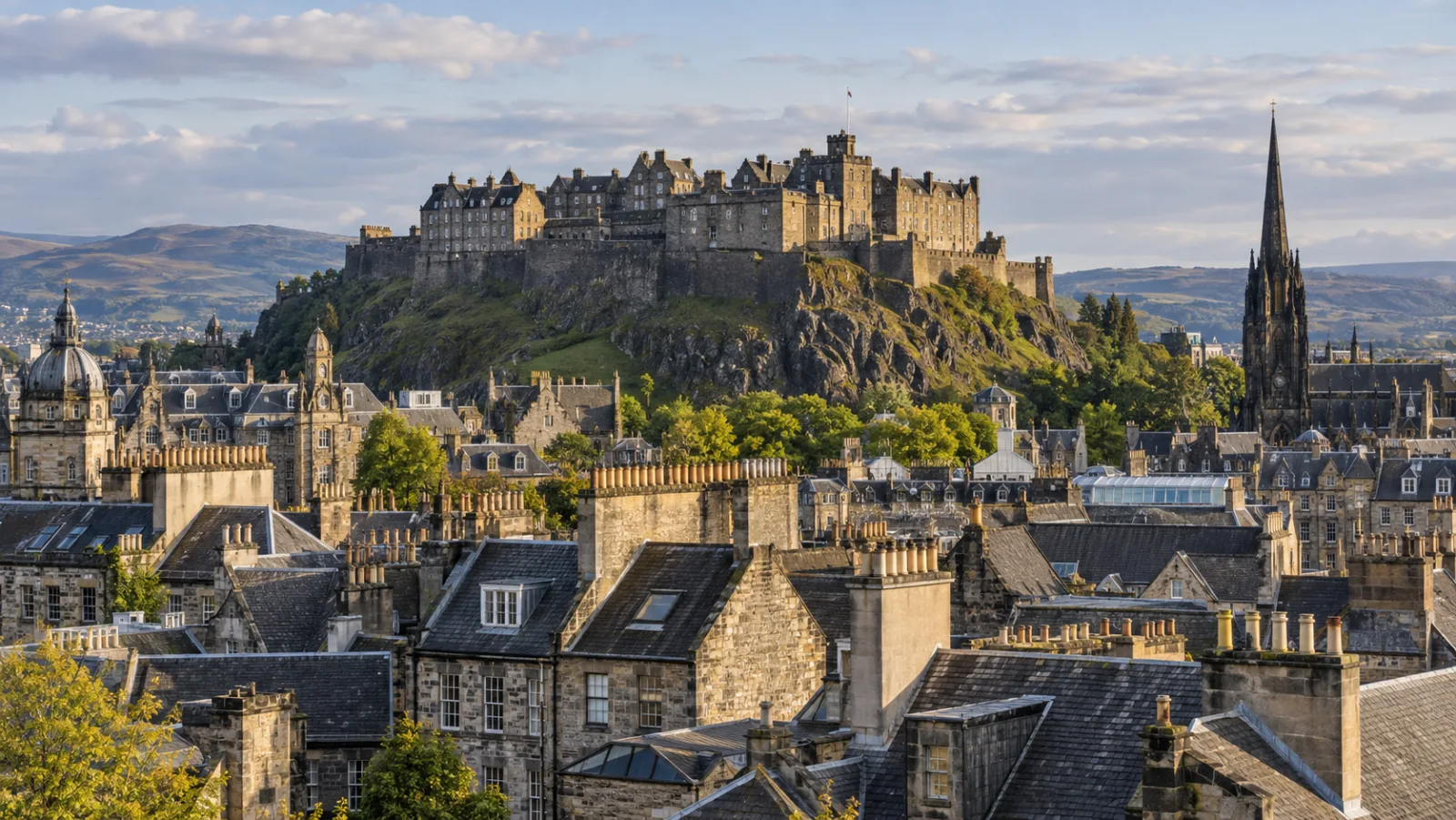 Edinburgh's Old Town skyline with the castle on its hill above stone rooftops