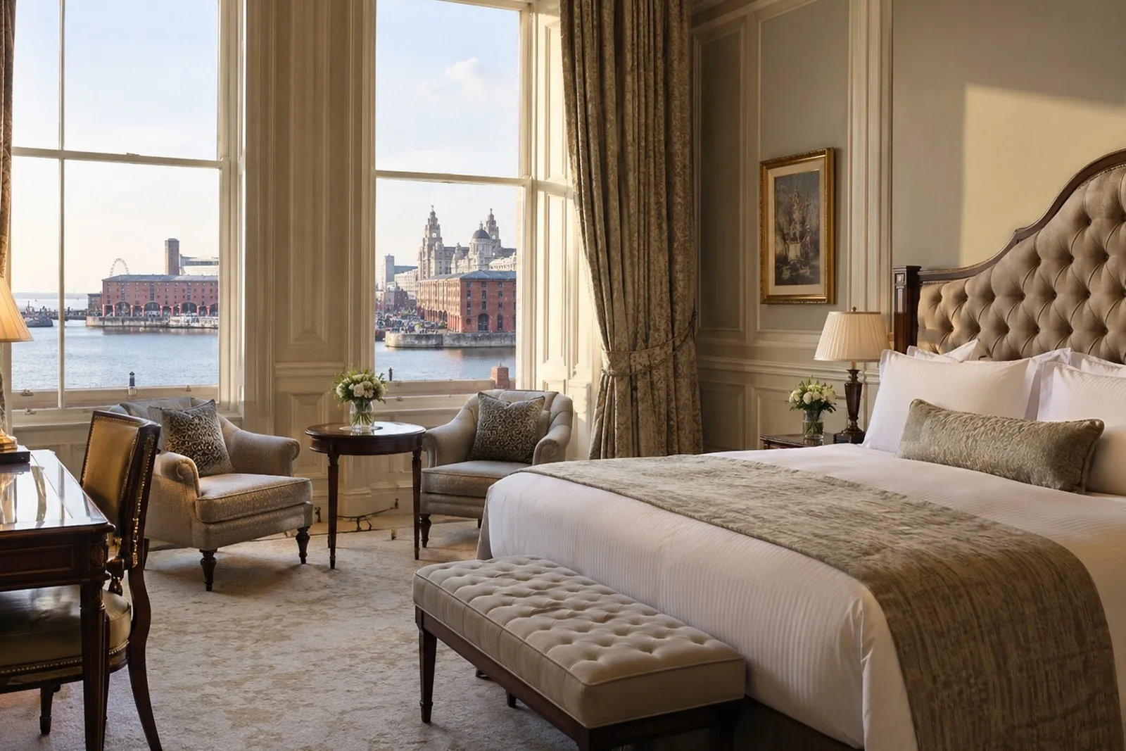 An elegant hotel room at The Mersey Royal with a view over Liverpool's waterfront and docks