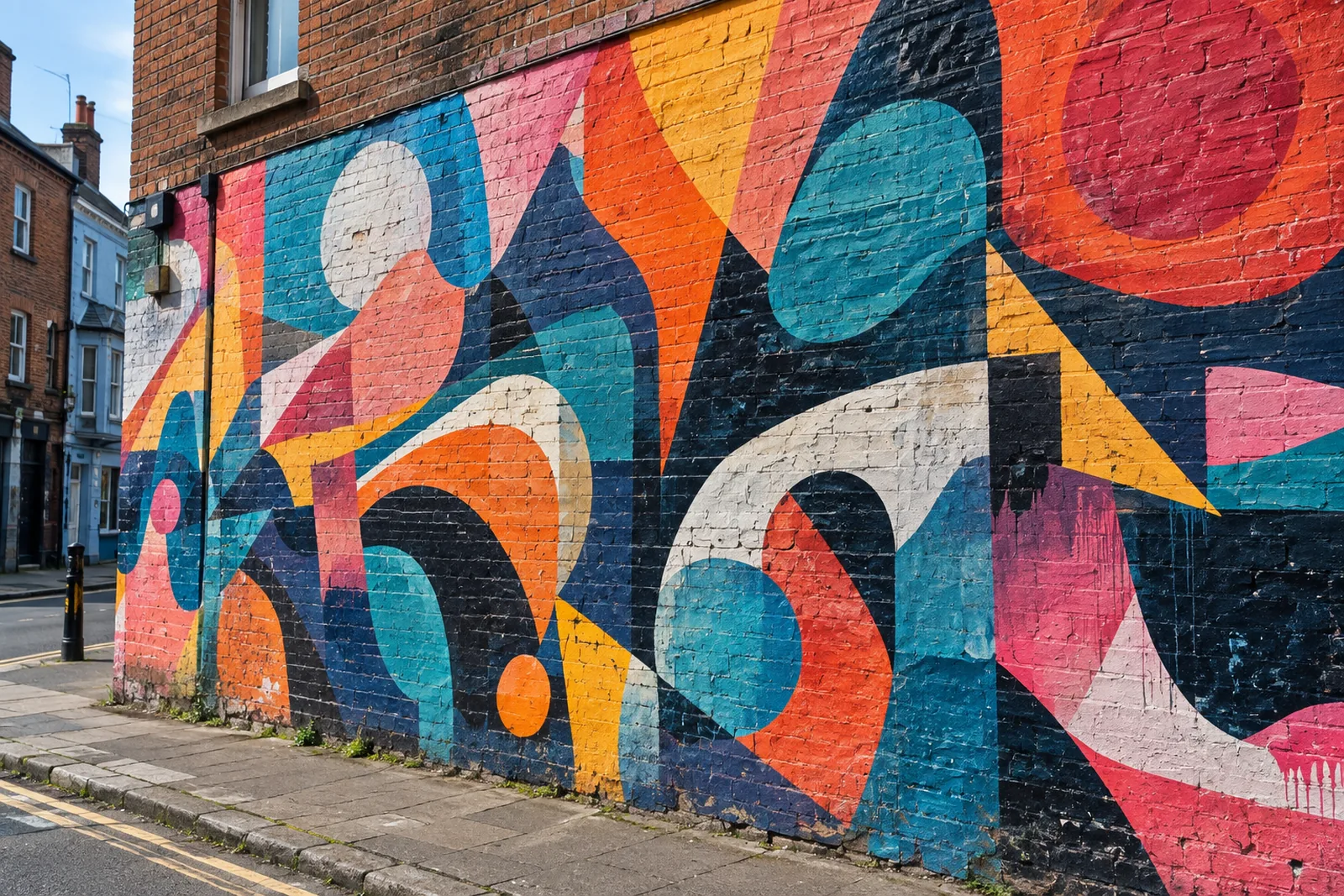 A colourful abstract street-art mural on a brick wall in Bristol's Stokes Croft neighbourhood