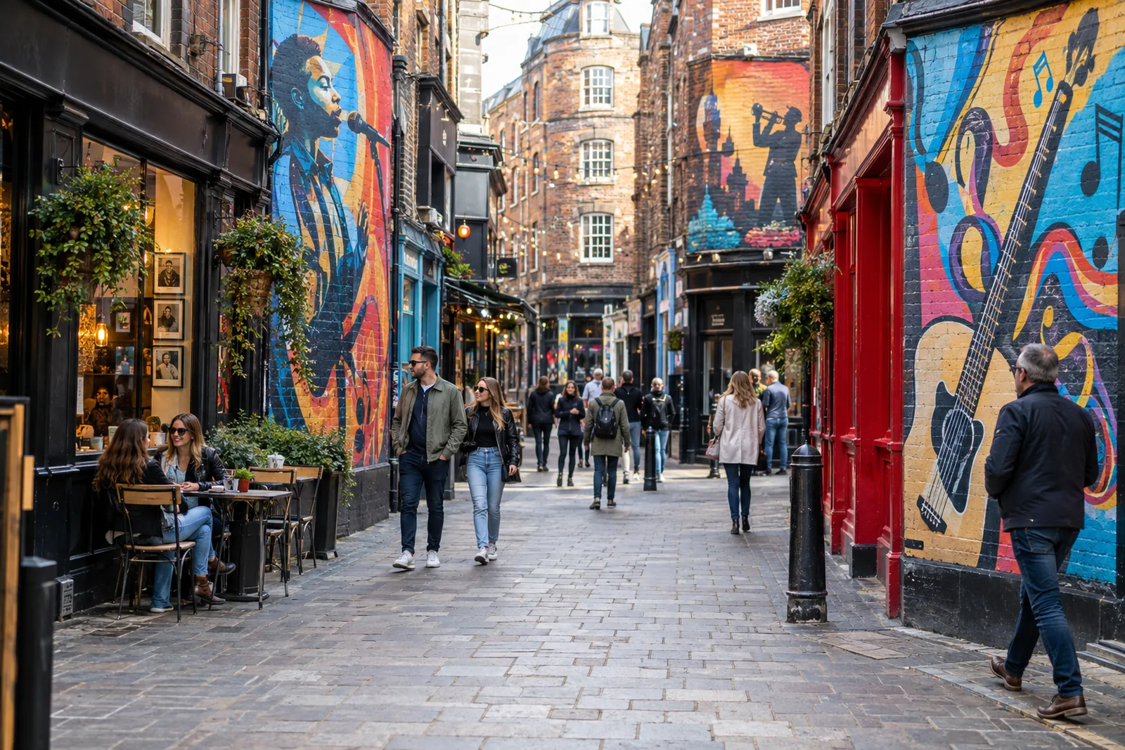 Colourful shopfronts and murals along a pedestrian street in Liverpool's Cavern Quarter