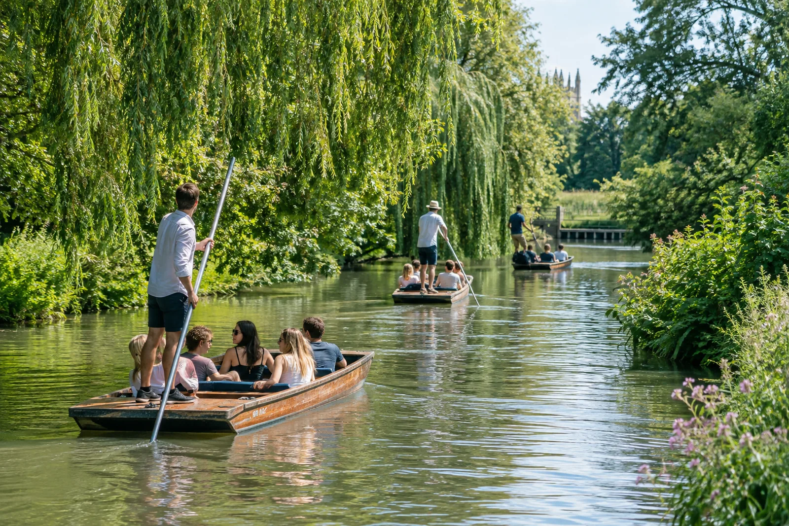 People punting wooden boats on the River Cherwell in Oxford under overhanging willow trees