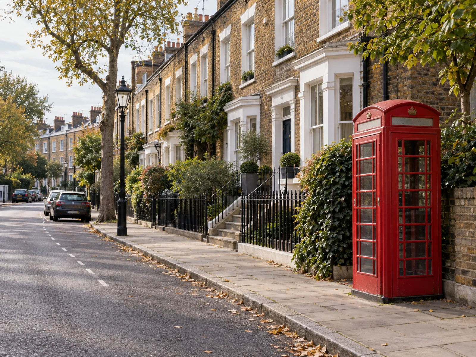 A quiet residential London street with terraced houses and a red phone box