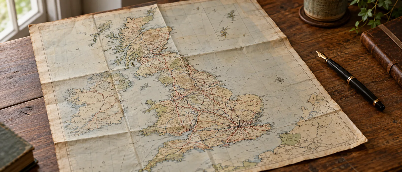 A vintage-style paper UK rail map folded on a wooden desk beside a pen