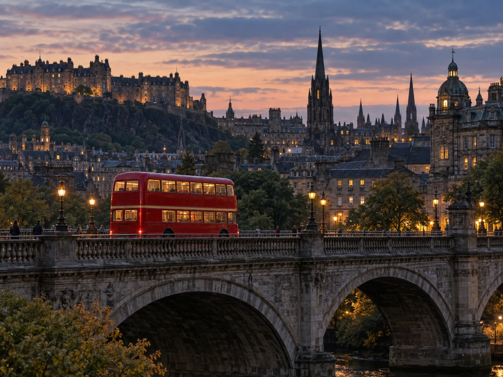 A red double-decker bus crossing a stone bridge with a historic UK cityscape behind it at dusk