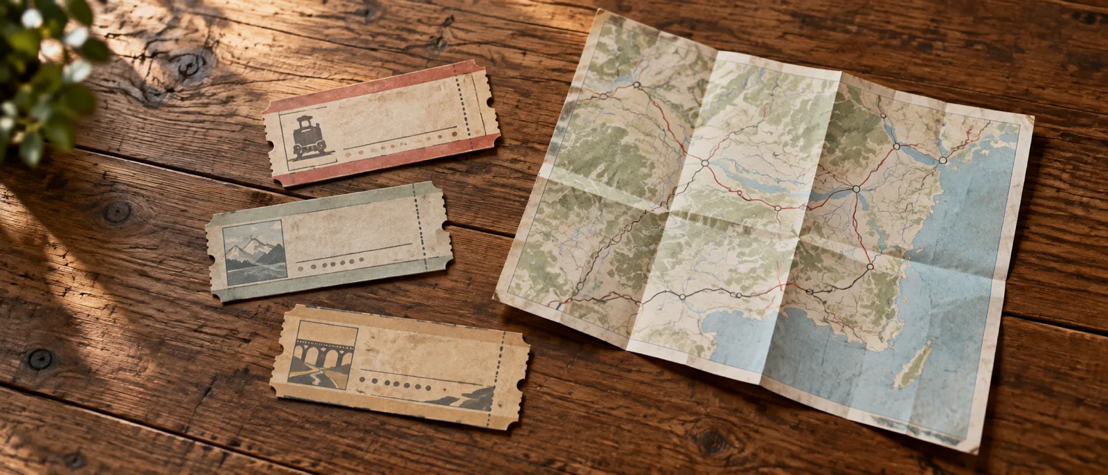 Three train tickets and a paper map laid out on a wooden table