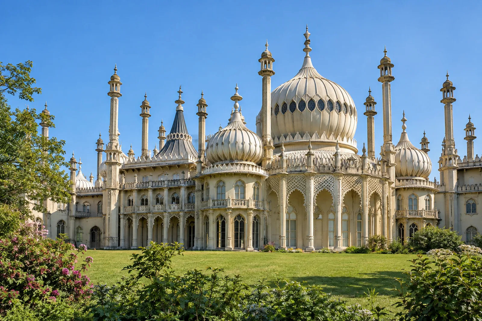 Brighton's Royal Pavilion, an ornate Indo-Saracenic palace with onion domes, under a clear blue sky