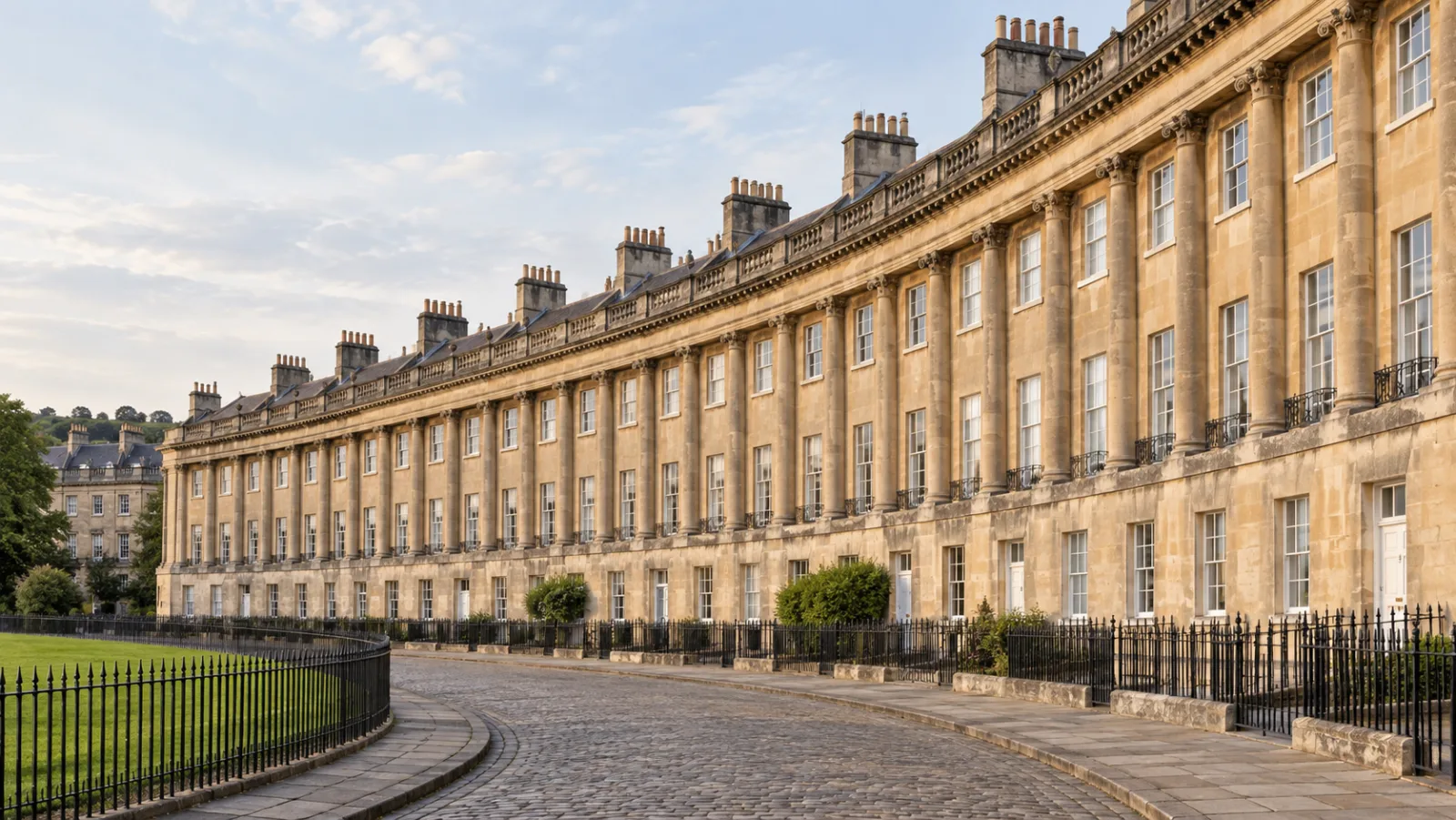 Honey-coloured Georgian crescent buildings in Bath under soft daylight