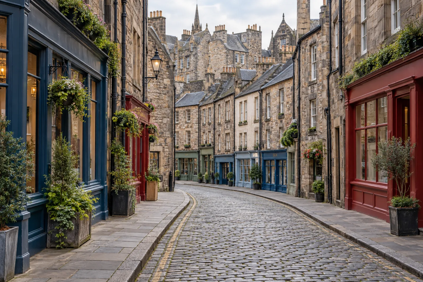 The narrow curved Victoria Street in Edinburgh's Old Town lined with colourful shopfronts