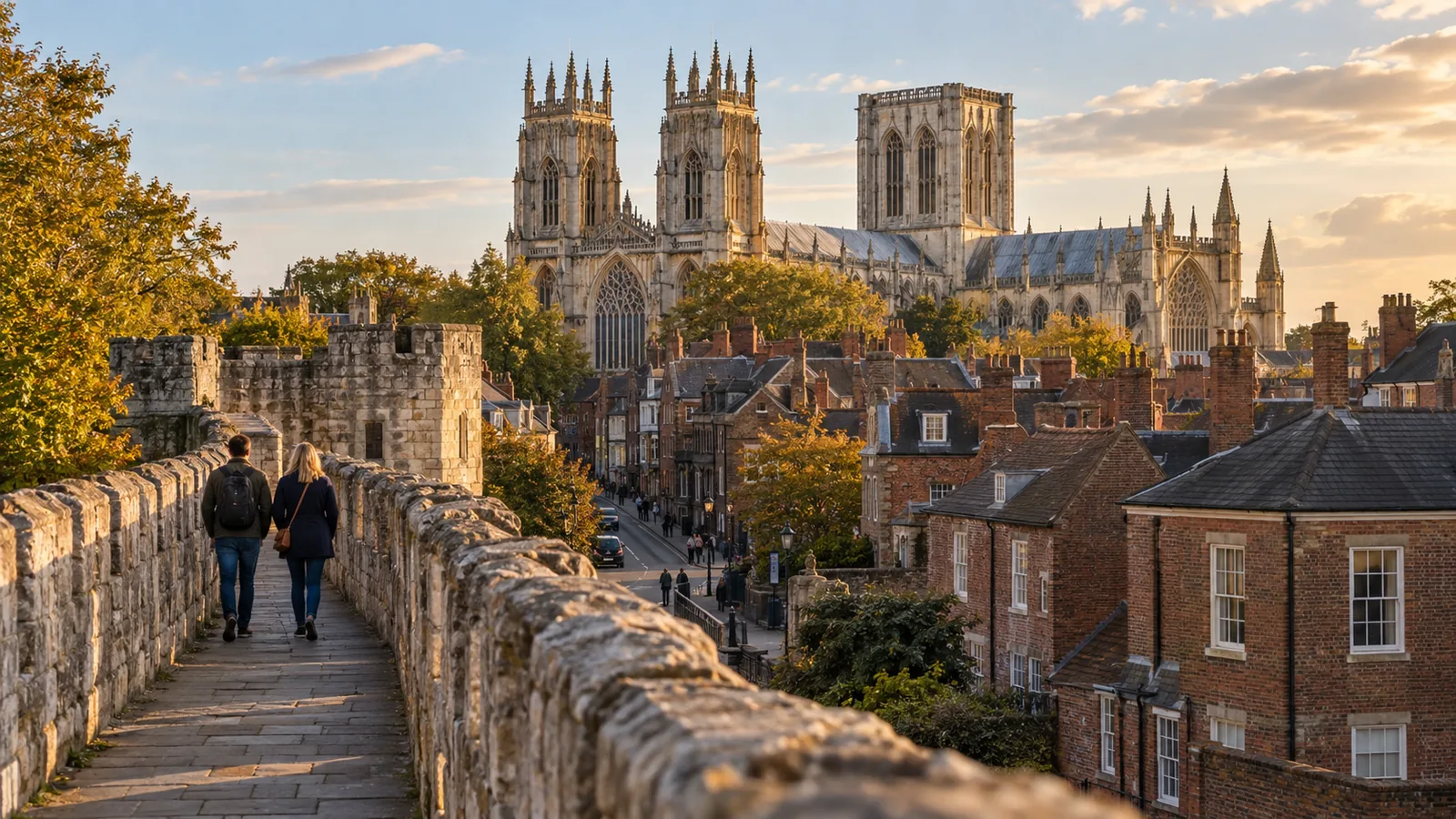York Minster's Gothic towers rising above the city's medieval stone walls at golden hour