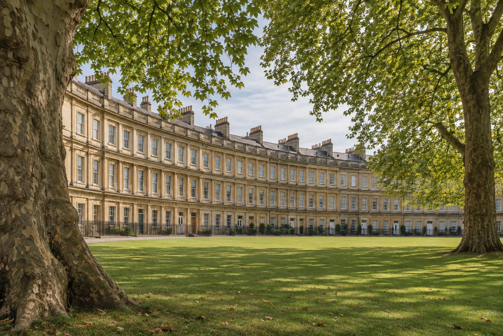 The curved Georgian terrace of The Circus in Bath, viewed from its central green