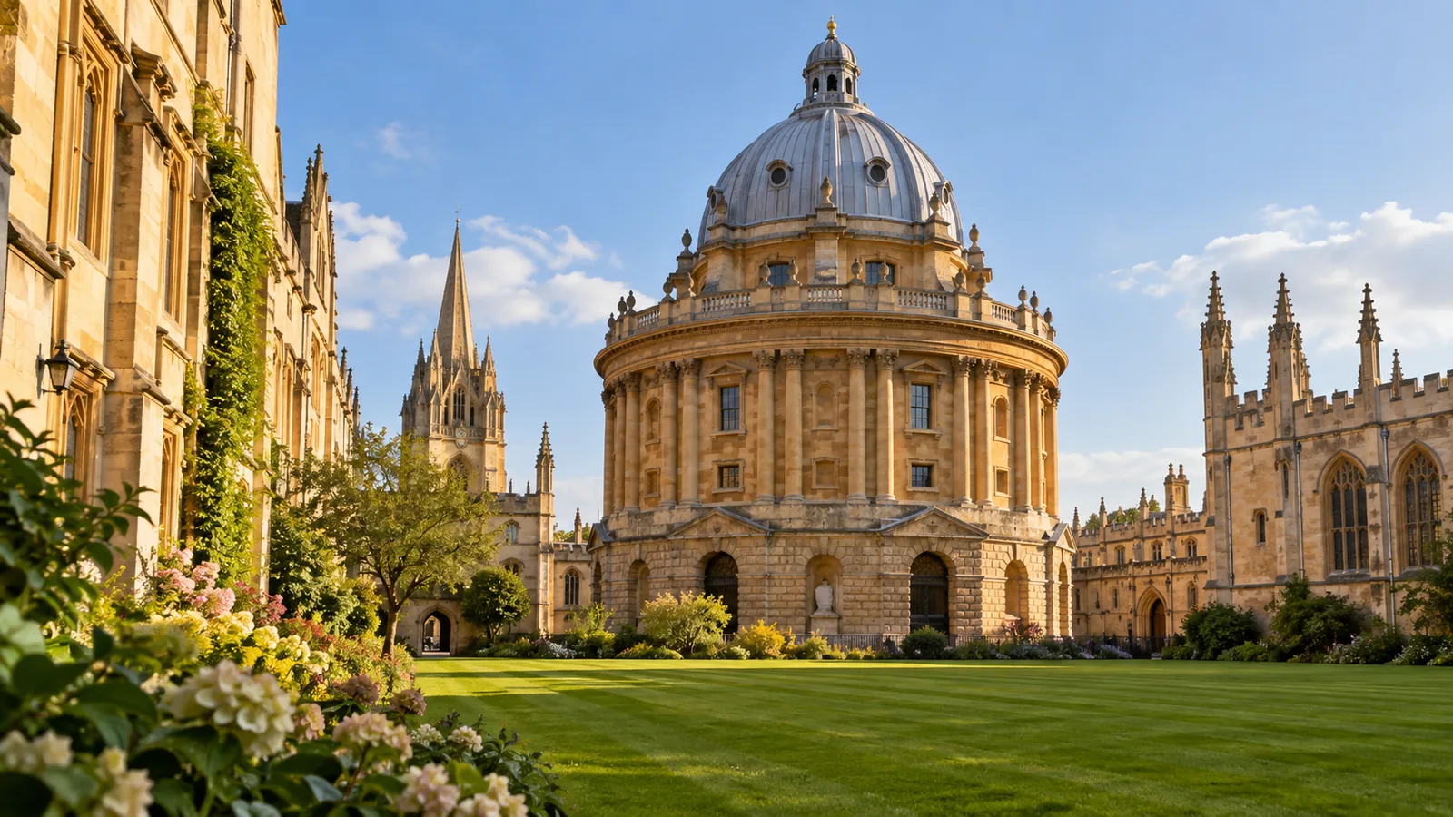 Oxford's round-domed Radcliffe Camera seen across a college quad's green lawn in golden afternoon light
