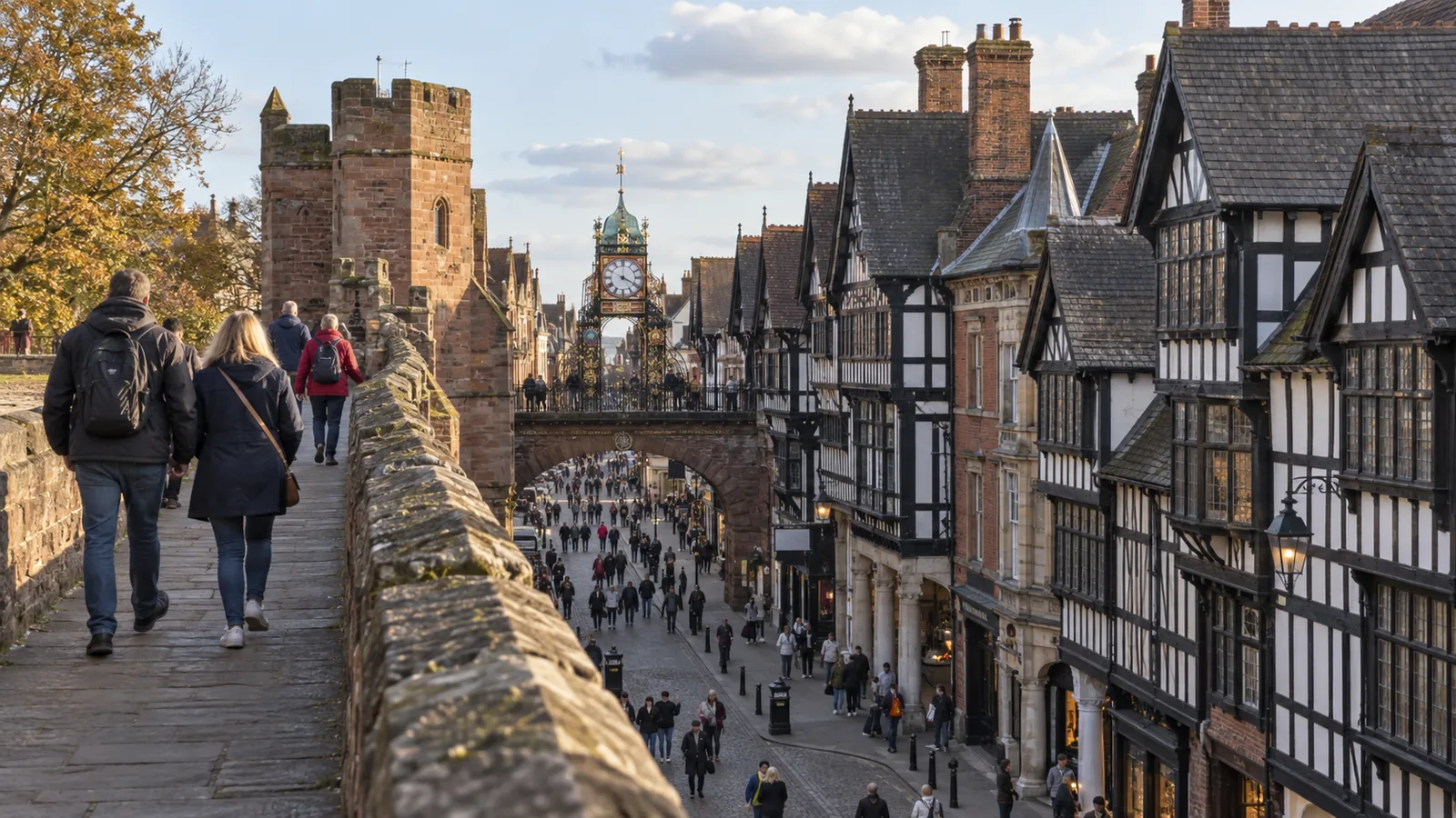 Chester's ancient Roman and medieval city walls with half-timbered Tudor buildings visible below