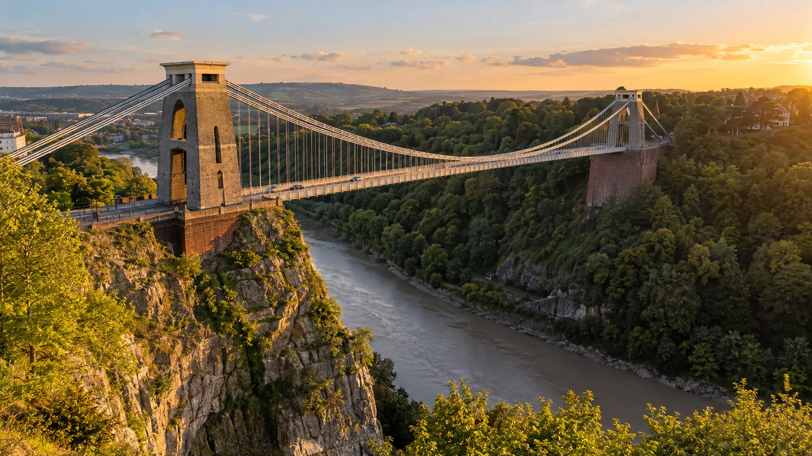 The Clifton Suspension Bridge in Bristol spanning the Avon Gorge at golden hour
