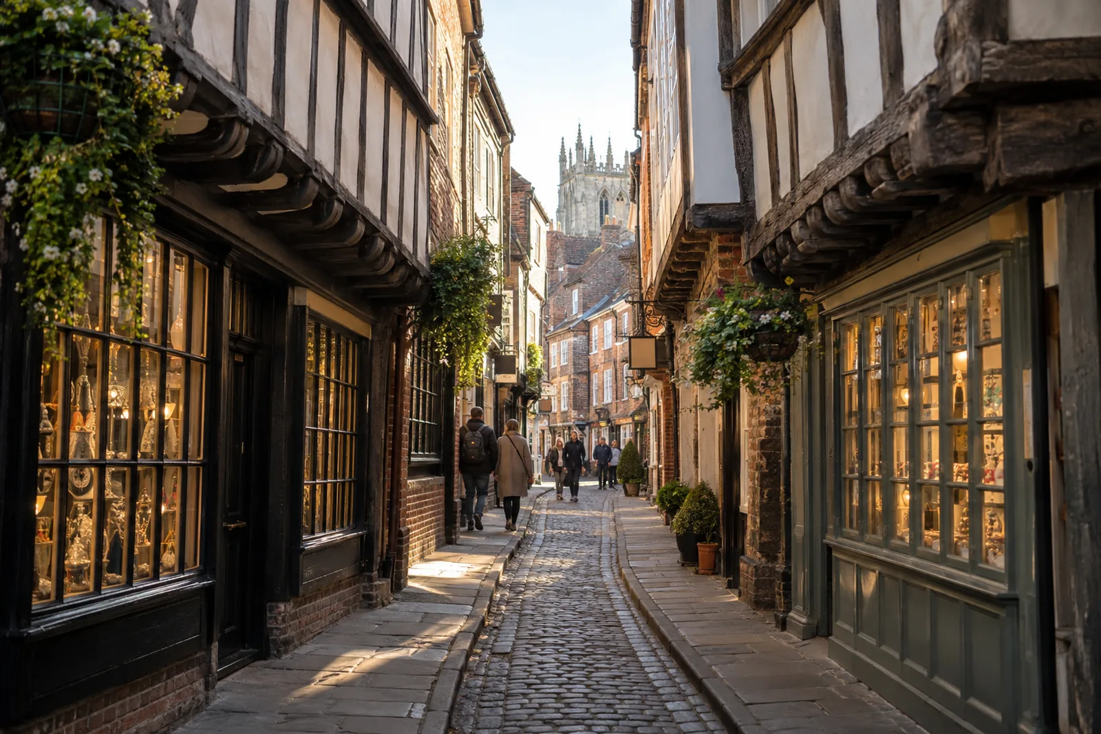 The Shambles, a narrow medieval street in York lined with overhanging timber-framed shops