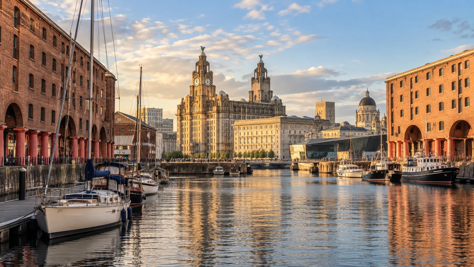 Liverpool's Royal Albert Dock waterfront with the Royal Liver Building's twin clock towers behind it